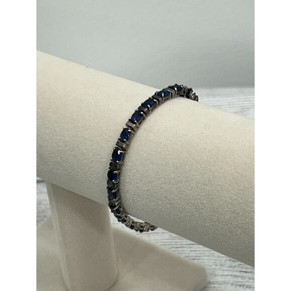 DBJ 925 Sterling Silver 7.5 Inch Blue Oval Stone Sapphire Link Tennis Bracelet - Picture 6 of 11